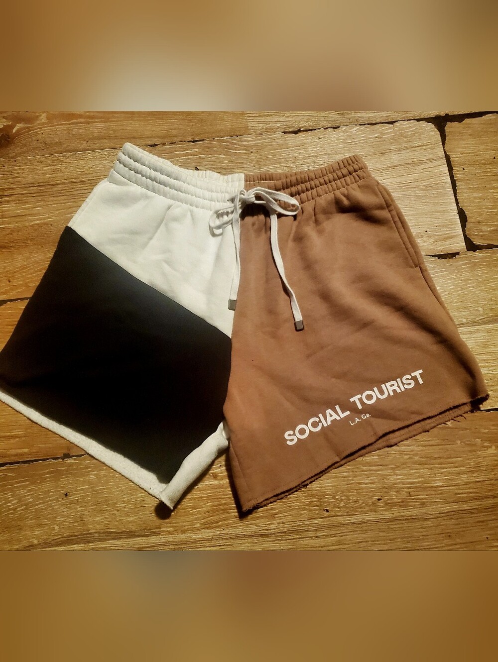 Unisex Social Tourist Color Block Sweat Shorts - White, Black & Light Brown